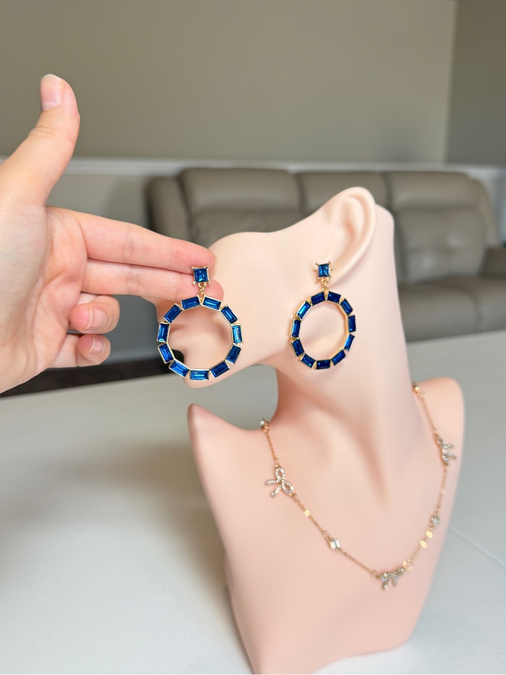 Gold-Tone Hoop Earrings with Blue Gemstones - Picture 10 of 13
